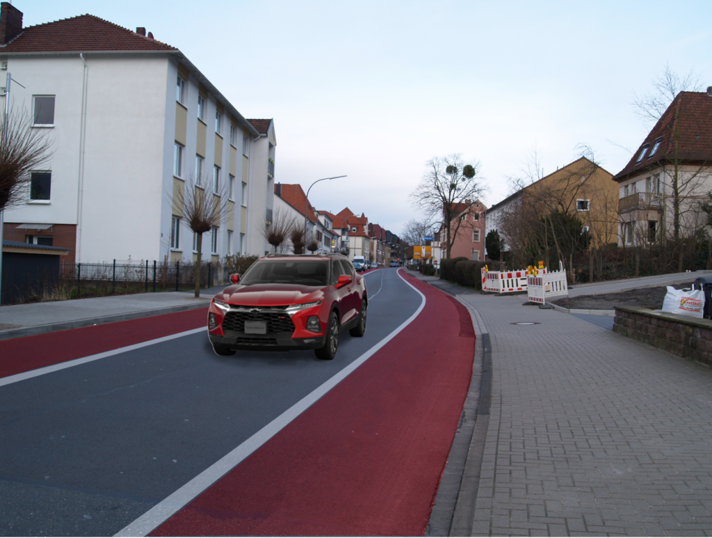 Visualisierung der Osnabrücker Straße als Einbahnstraße stadtauswärts. Foto: J. Weid-ner/IpF, Visualisierung: C. Lührmann/IpF