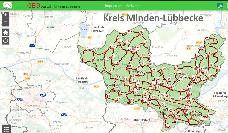 Übersicht des Knotenpunktsystems des Kreises Minden-Lübbecke, Klick auf das Bild öffnet das Geoportal