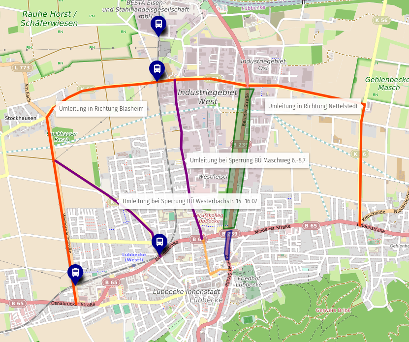 Darstellung der Umleitungen inklusive Alternativen bei Sperrungen der Bahnübergänge Westerbachstr. bzw. Maschweg